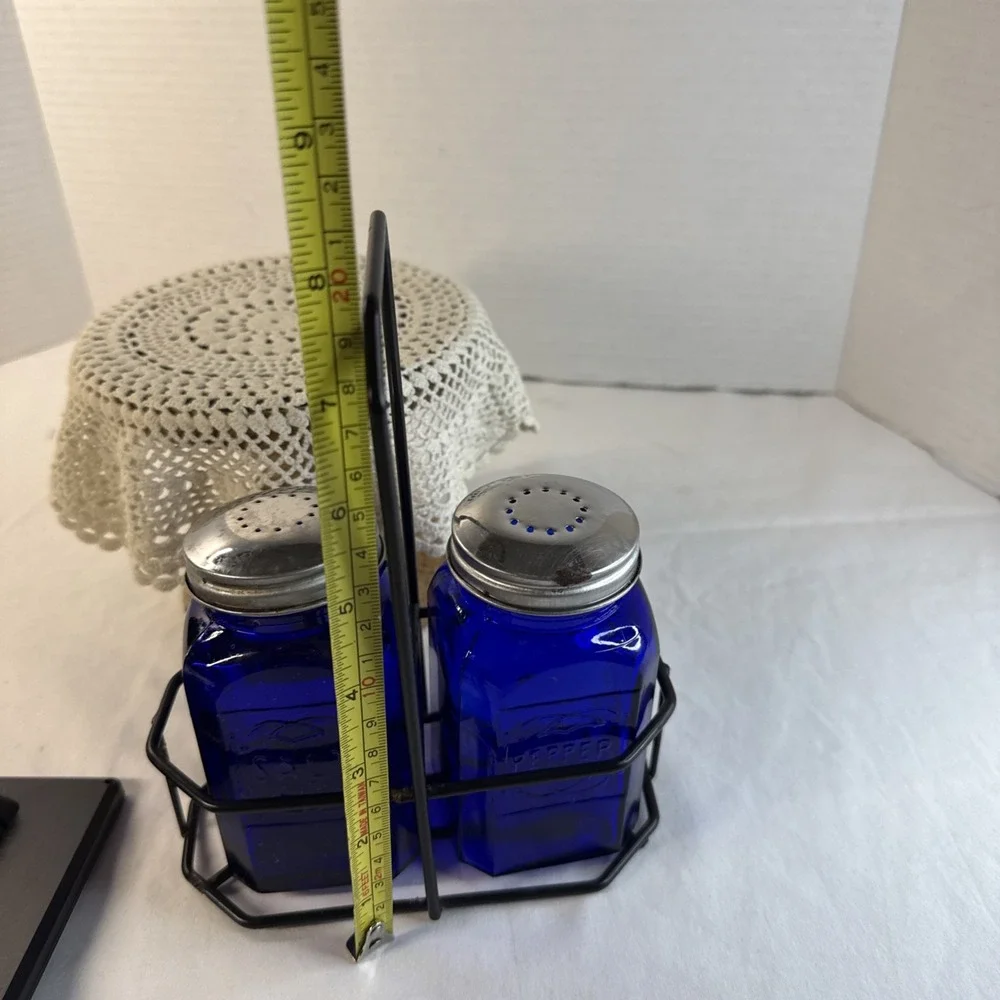 Vtg COBALT BLUE Glass Range SALT & PEPPER Square Shaker Set Art Deco w Holder